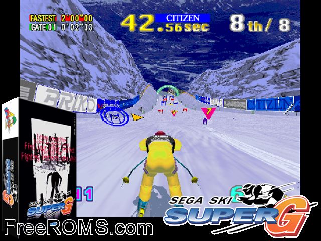 Sega Ski Super G MAME game showing 3D box cover and gameplay screenshot