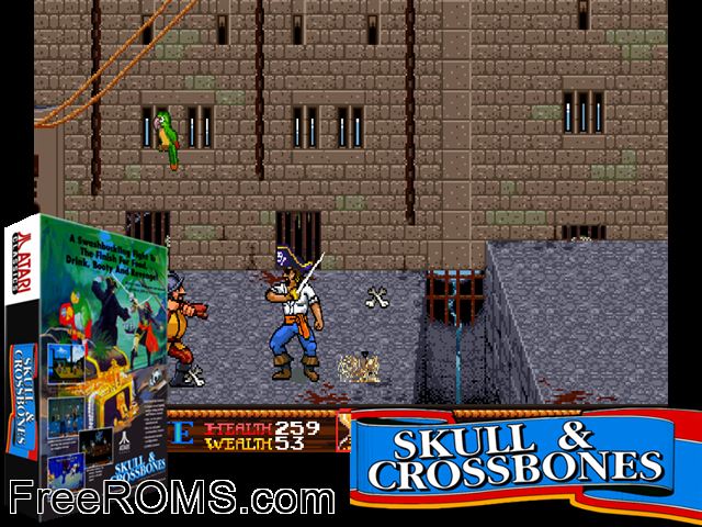 Skull and Crossbones (rev 4) MAME game showing 3D box cover and gameplay screenshot