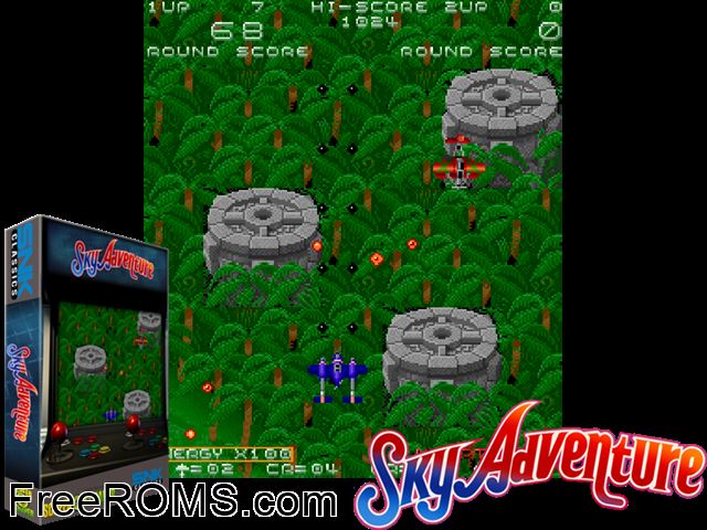 Sky Adventure (US) MAME game showing 3D box cover and gameplay screenshot