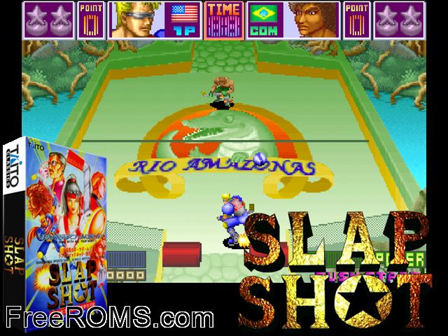 Slap Shot (Japan) MAME game showing 3D box cover and gameplay screenshot