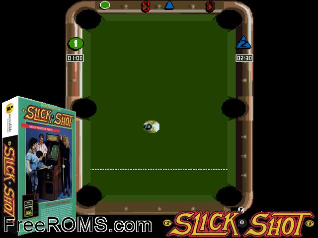 Slick Shot (V2.2) MAME game showing 3D box cover and gameplay screenshot