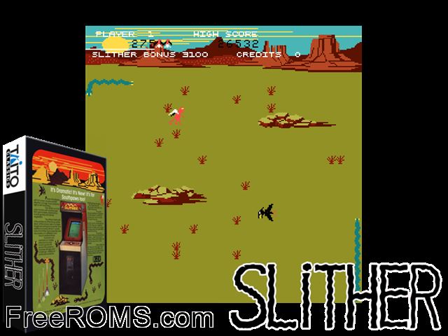 Slither (set 2) MAME game showing 3D box cover and gameplay screenshot