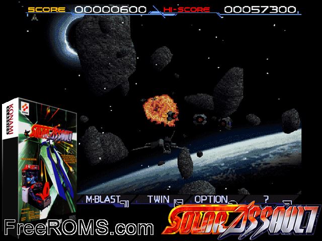 Solar Assault DR2 (ver UAA) MAME game showing 3D box cover and gameplay screenshot