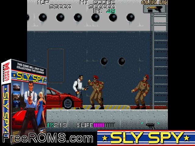 Sly Spy (US revision 3) MAME game showing 3D box cover and gameplay screenshot