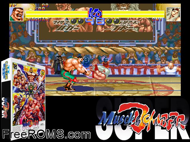 Super Muscle Bomber: The International Blowout (Japan 940808) MAME game showing 3D box cover and gameplay screenshot