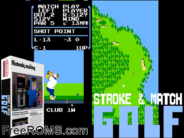 Vs. Stroke and Match Golf (Men set 2) MAME game showing 3D box cover and gameplay screenshot