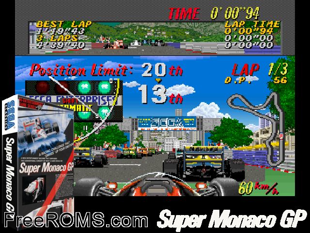 Super Monaco GP (set 2, US, FD1094 317-0125a) MAME game showing 3D box cover and gameplay screenshot