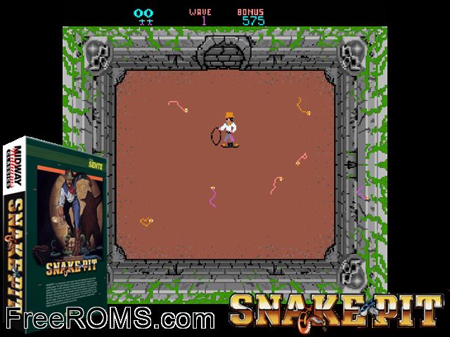 Snake Pit MAME game showing 3D box cover and gameplay screenshot