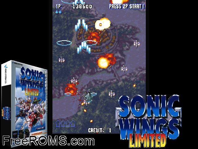 Sonic Wings Limited (JAPAN) MAME game showing 3D box cover and gameplay screenshot
