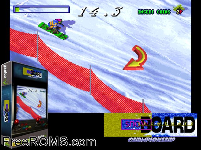 Snow Board Championship (set 1) MAME game showing 3D box cover and gameplay screenshot