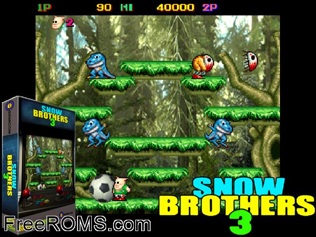 Snow Brothers 3 - Magical Adventure MAME game showing 3D box cover and gameplay screenshot