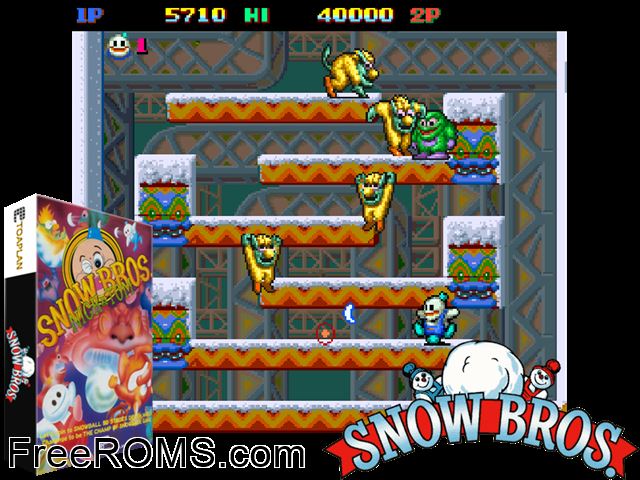 Snow Bros. - Nick and Tom (set 1) MAME game showing 3D box cover and gameplay screenshot