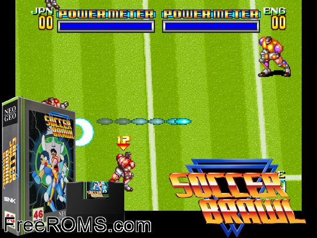 Soccer Brawl MAME game showing 3D box cover and gameplay screenshot