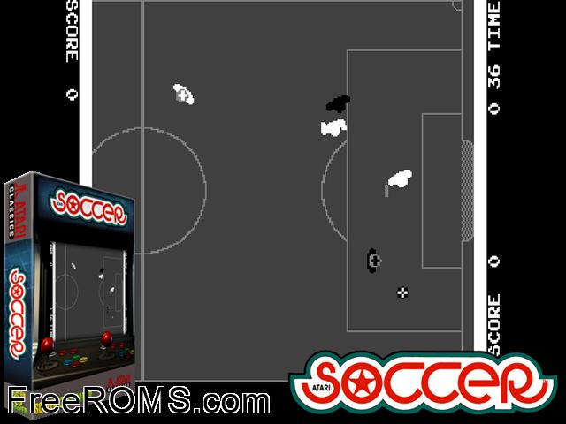 Atari Soccer MAME game showing 3D box cover and gameplay screenshot