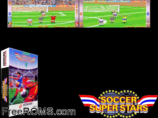 Soccer Superstars (ver JAA) MAME game showing 3D box cover and gameplay screenshot
