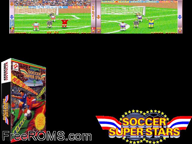 Soccer Superstars (ver EAA) MAME game showing 3D box cover and gameplay screenshot