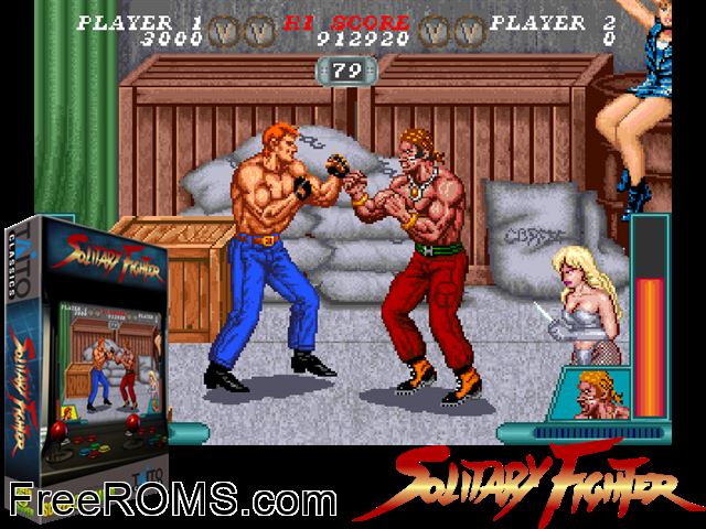 Solitary Fighter (World) MAME game showing 3D box cover and gameplay screenshot