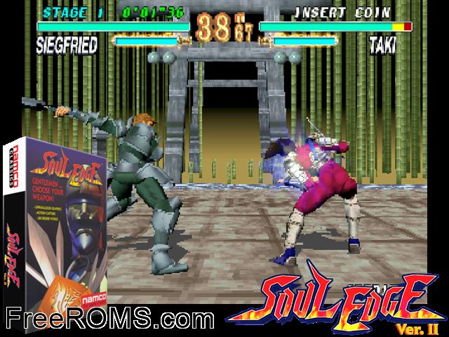 Soul Edge (SO1/VER.A) MAME game showing 3D box cover and gameplay screenshot