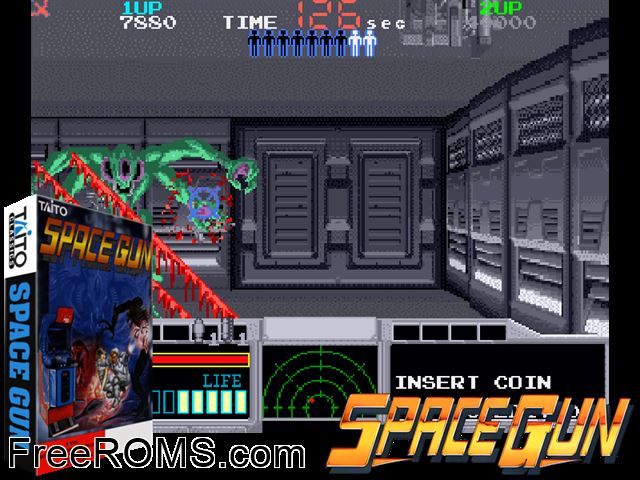 Space Gun (World) MAME game showing 3D box cover and gameplay screenshot
