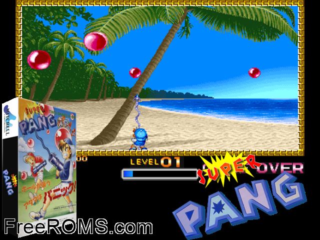 Super Pang (Japan 901023) MAME game showing 3D box cover and gameplay screenshot