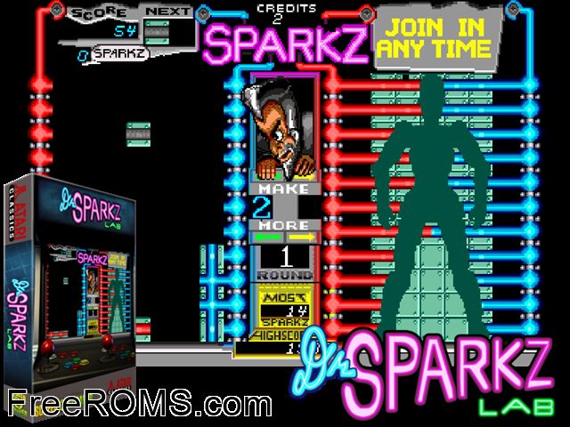 Sparkz (prototype) MAME game showing 3D box cover and gameplay screenshot