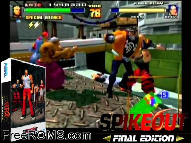 Spikeout Final Edition MAME game showing 3D box cover and gameplay screenshot