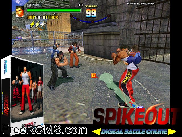 Spikeout MAME game showing 3D box cover and gameplay screenshot