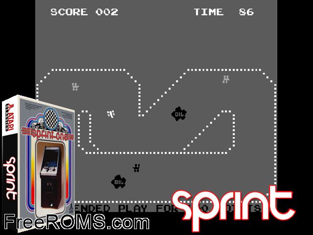 Sprint 2 (set 1) MAME game showing 3D box cover and gameplay screenshot