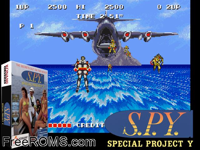 S.P.Y. - Special Project Y (US ver. M) MAME game showing 3D box cover and gameplay screenshot