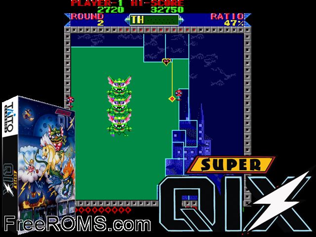Super Qix (set 2) MAME game showing 3D box cover and gameplay screenshot