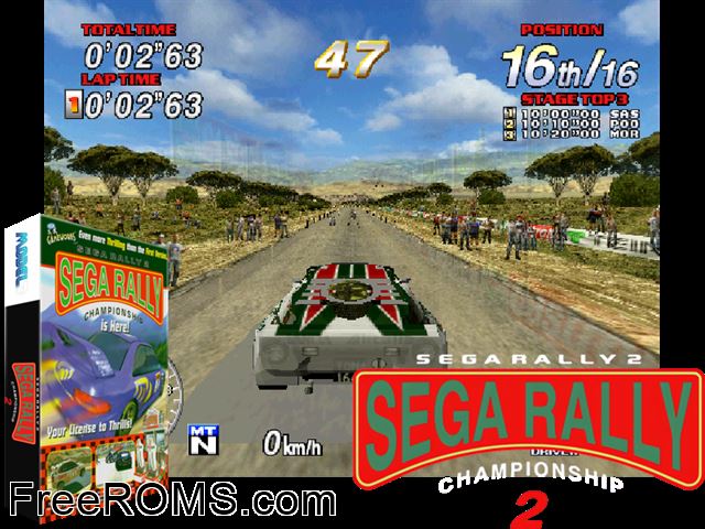 Sega Rally 2 MAME game showing 3D box cover and gameplay screenshot