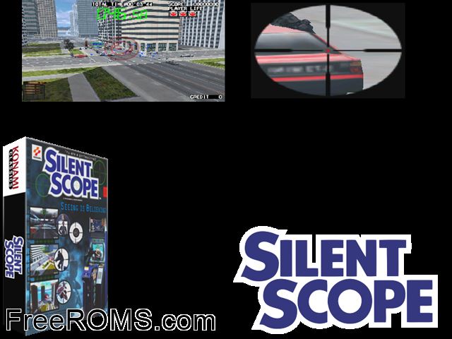 Silent Scope (ver UAA) MAME game showing 3D box cover and gameplay screenshot