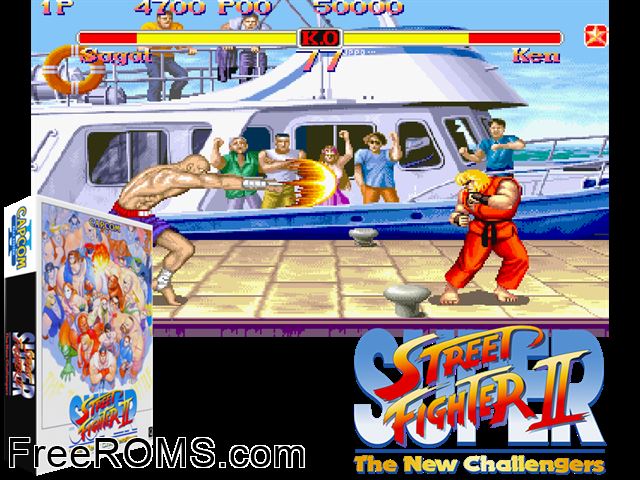 Super Street Fighter II: The New Challengers (Asia 931005) MAME game showing 3D box cover and gameplay screenshot