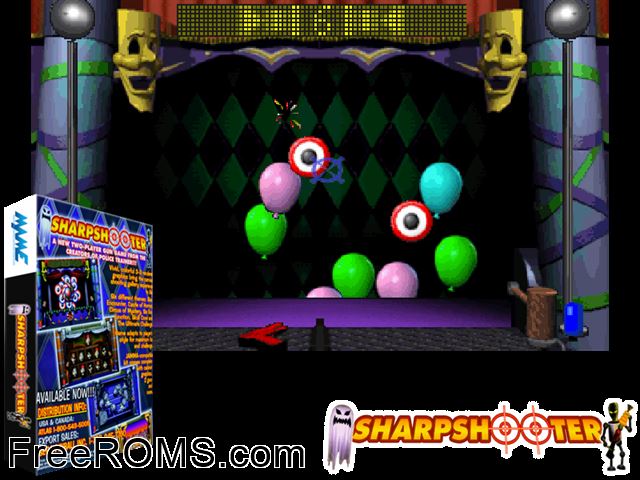 Sharpshooter (Rev 1.7) MAME game showing 3D box cover and gameplay screenshot
