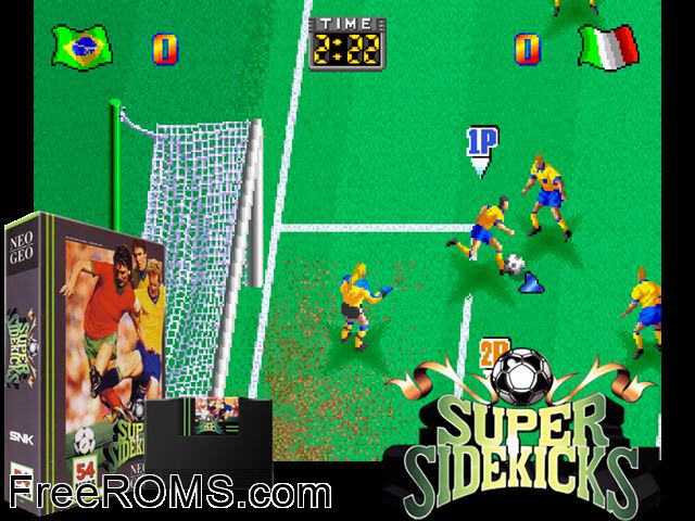 Super Sidekicks / Tokuten Ou MAME game showing 3D box cover and gameplay screenshot