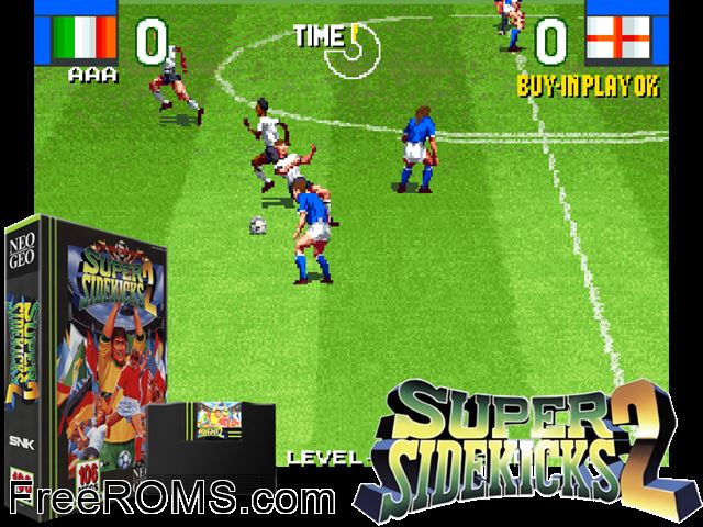 Super Sidekicks 2 - The World Championship / Tokuten Ou 2 - real fight football MAME game showing 3D box cover and gameplay screenshot