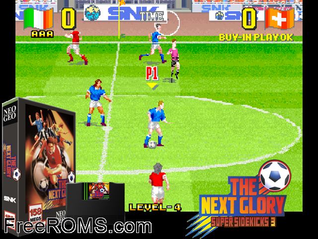 Super Sidekicks 3 - The Next Glory / Tokuten Ou 3 - eikoue no michi MAME game showing 3D box cover and gameplay screenshot