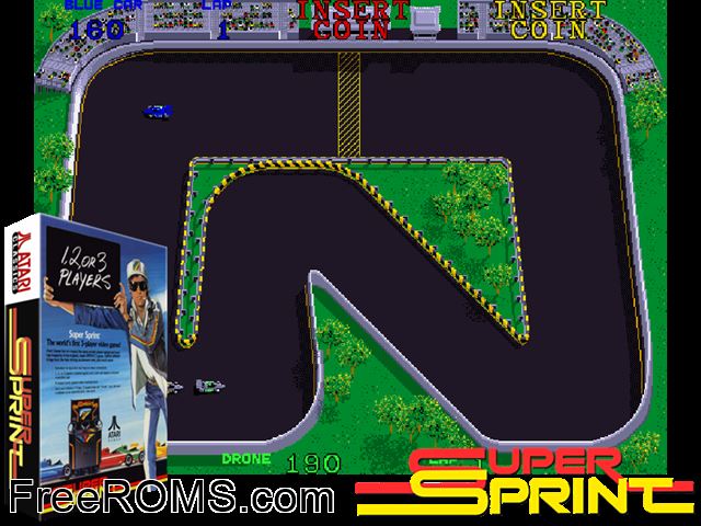 Super Sprint (rev 3) MAME game showing 3D box cover and gameplay screenshot