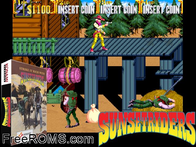 Sunset Riders (2 Players ver EBD) MAME game showing 3D box cover and gameplay screenshot
