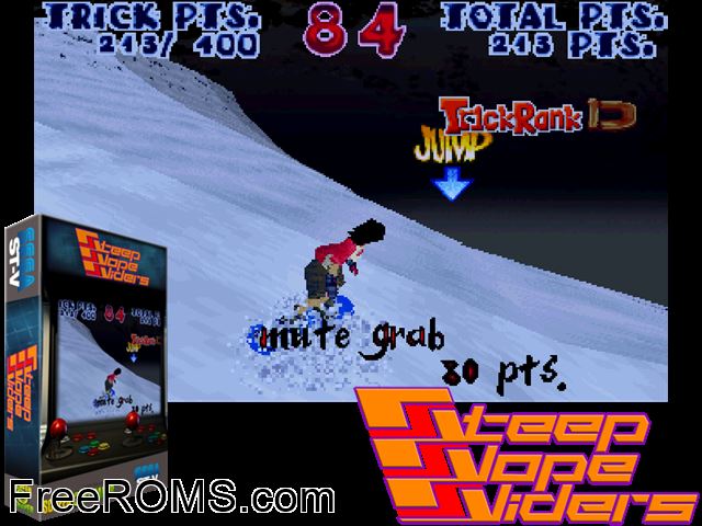 Steep Slope Sliders (JUET 981110 V1.000) MAME game showing 3D box cover and gameplay screenshot