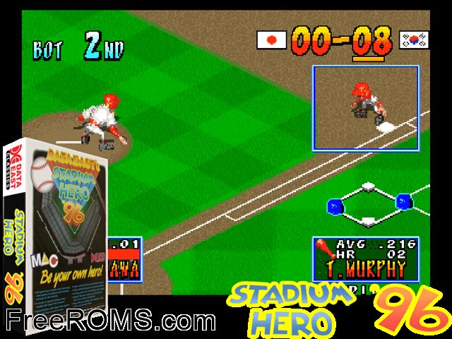 Stadium Hero 96 (Version EAJ) MAME game showing 3D box cover and gameplay screenshot