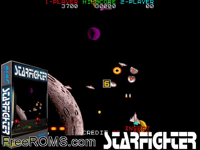 Star Fighter (v1) MAME game showing 3D box cover and gameplay screenshot