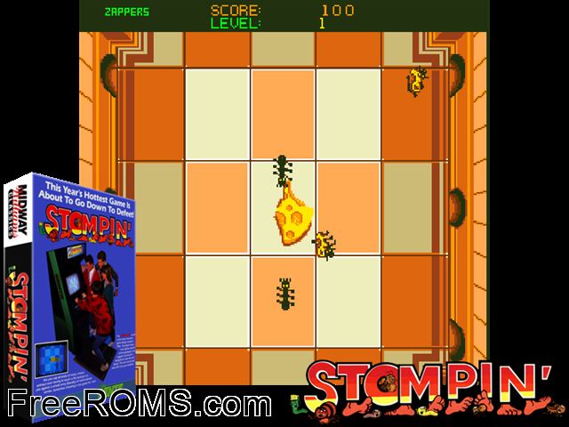 Stompin' MAME game showing 3D box cover and gameplay screenshot
