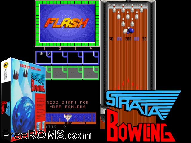 Strata Bowling (V3) MAME game showing 3D box cover and gameplay screenshot