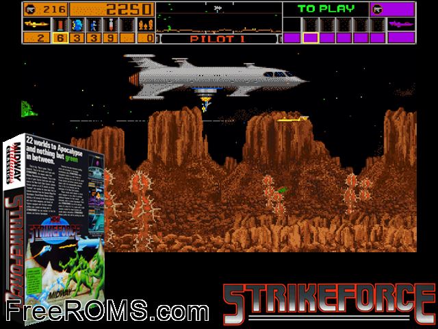 Strike Force (rev 1 02/25/91) MAME game showing 3D box cover and gameplay screenshot