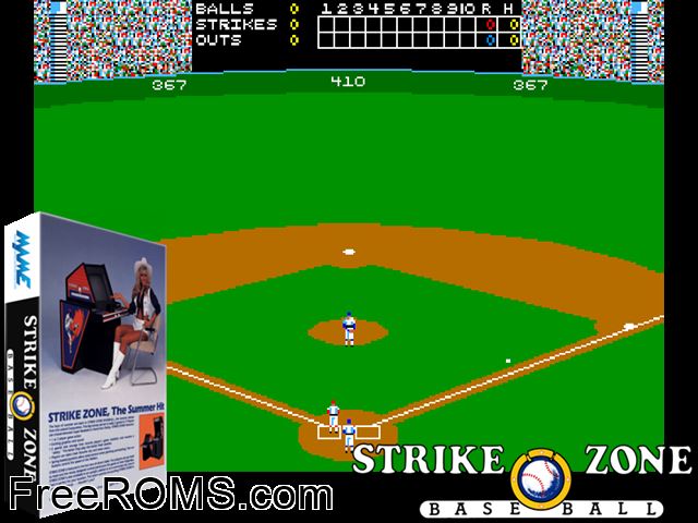 Strike Zone Baseball MAME game showing 3D box cover and gameplay screenshot