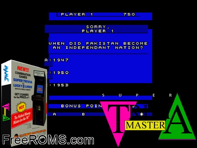 Super Trivia Master MAME game showing 3D box cover and gameplay screenshot