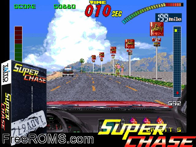 Super Chase - Criminal Termination (US) MAME game showing 3D box cover and gameplay screenshot