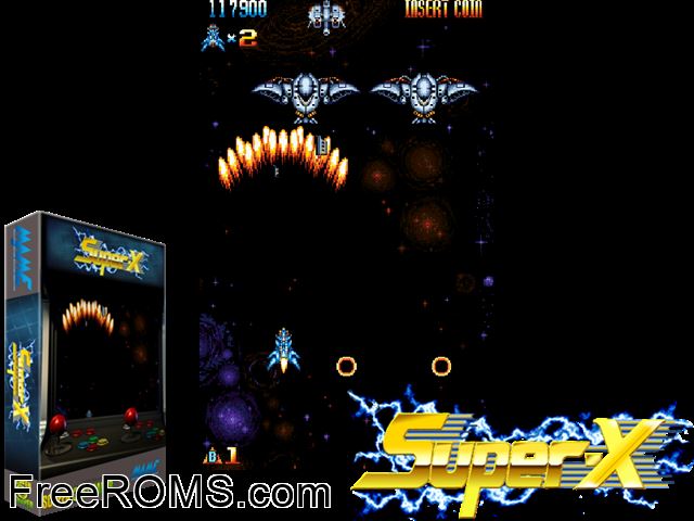 Super-X (Mitchell) MAME game showing 3D box cover and gameplay screenshot