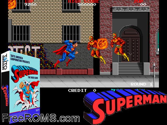 Superman (Japan) MAME game showing 3D box cover and gameplay screenshot